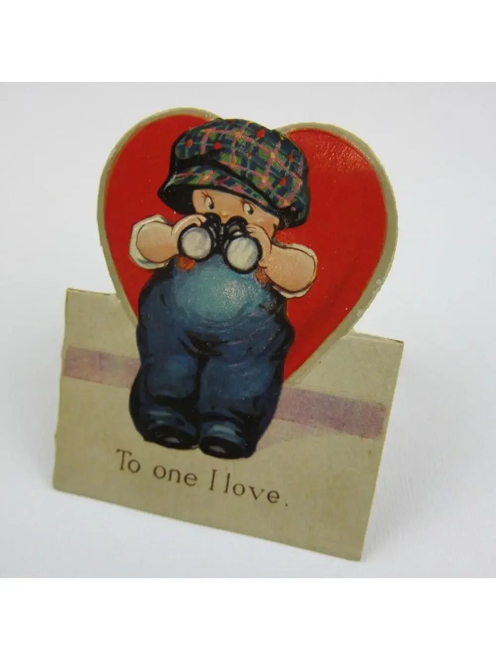 Vintage Valentine Card Cutout Stand Up Boy Binoculars Plaid Hat Overall UNSIGNED